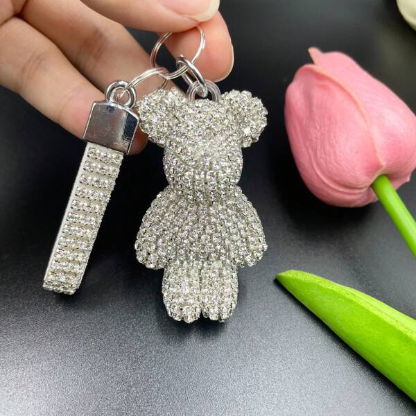 1pc Rhinestone Studded Cute Bear Keychain, Fashionable Creative Delicate Bear Car Key Chain Bag Pendant