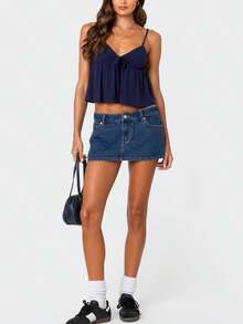 Womens V-Neck Babydoll Tank Top Summer Front Tie Crop Tops Solid Color Slim Camisole Spaghetti Strap Cami Tops Casaul Open Back Blouse For Streetwear Going Out Outfit - 藏蓝色 - 查看 4