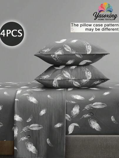 4 pièces/set Ensemble de draps à motif plume gris foncé, facile d'entretien, en microfibre douce. Ensemble de draps floraux (1 pièce drap plat + 1 pièce drap-housse + 2 taies d'oreiller). Ensemble de draps-housses pour lit King, Queen, Full, TWIN. Poches profondes jusqu'à 30 cm. Taies d'oreiller douces, respirantes et sans froissage, idéales pour un meilleur sommeil. Style hôtel de luxe, cadeau pour maman, papa, ami(e)