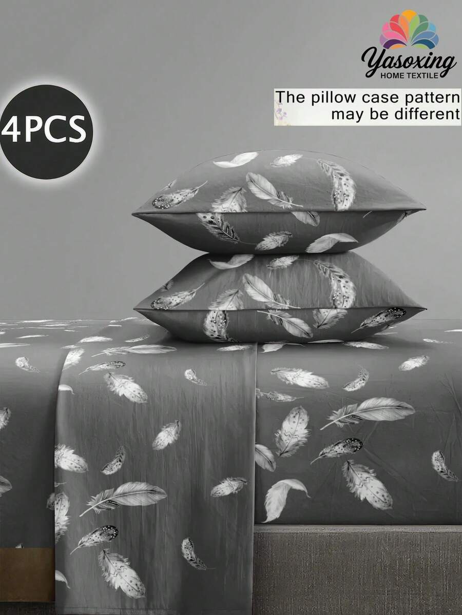 4-Piece/Set Minimalist Light Green Floral Pattern Bedding Set, Easy Care Soft Bedding Set, Floral Pattern Fitted Sheet Set (1 Flat Sheet + 1 Fitted Sheet + 2 Pillowcases), Fitted Sheet Set, Extra Large, Large, Standard Double, Twin Sizes, Deep Pocket Design, Pillowcases Up To 11.8 Inches, Soft And Breathable, Wrinkle-Resistant - Grey - View 1