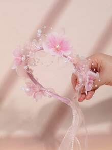 1 件女孩仿花珍珠头带，优雅串珠花卉面纱头饰，适合女孩日常旅行发型 - 粉色 - 查看 2