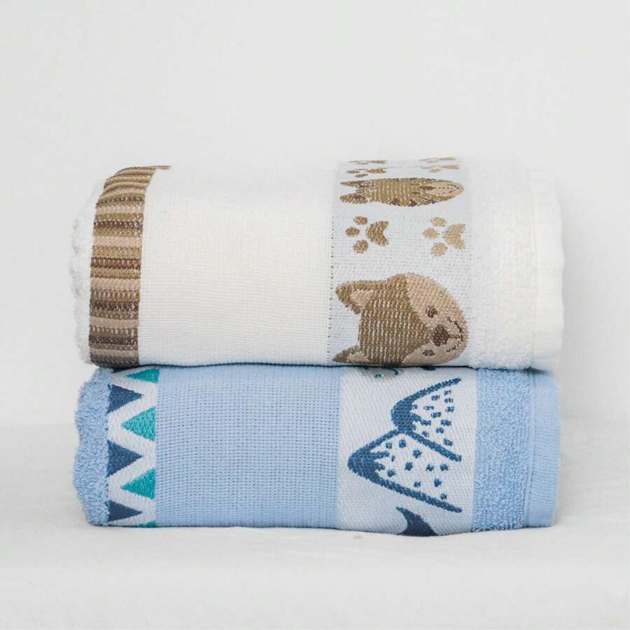 Kit Of 2 100% Cotton Kids Boy Bath Towels Super Comfort - Dinosaur And Animals - Màu xanh nhạt - Xem 1