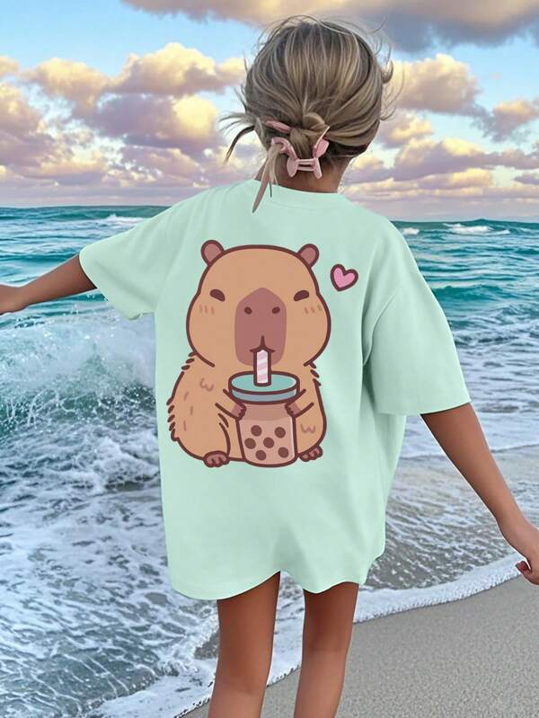 Mädchen & Teens Lässig mintgrünes bedrucktes Rundhals Kurzarm T-Shirt, Sommer Top