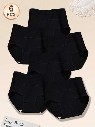 6pcs/Pack Solid Color Casual - Comfortable Minimalist - Regular Casual Knit Fabric Applique High Waist Briefs, Comfortable All Season