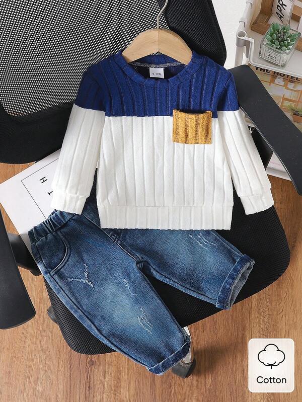 2pcs/Set Boys' Casual Cute Striped Patchwork Top And Denim Long Pants Outfit, Autumn/Winter