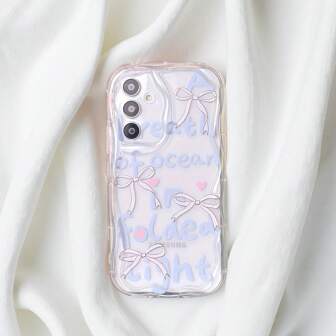 1 pieza Funda de teléfono transparente con onda 3D de cobertura completa, a prueba de caídas, con diseño de lazo rosa y letra azul, estilo europeo y americano, adecuada para Samsung/Spark/Go/8C/9/10/10C/PRO/Camon/Infinix/Smart/OPPO/RENO/VIVO/HONOR/90/Lite