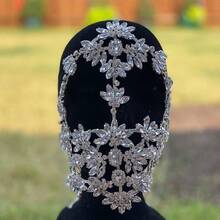Rhinestone Masquerade Mask Full Face Jewelry For Women Mardi Gras Mask Crystal Face Chain Jewelry-0166 - 銀色 - 查看 4