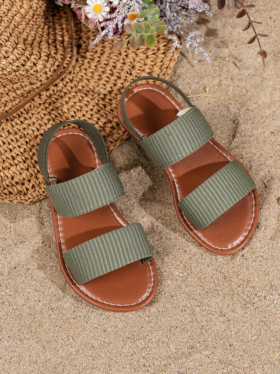 Ein Paar Kinder Olivgrüne Elastikband Sandalen, mit einem einfachen Design, geeignet für Sommerstrand, tägliche Lässig, Treffen mit Freunden, Ausflüge und andere Szenarien - Grün - Übersicht 1
