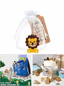 18 pezzi Portachiavi carini a tema animali della giungla, bomboniere per feste allo zoo, anelli portachiavi di animali selvatici con etichette in carta marrone e sacchetti in chiffon bianco, adatti per decorazioni per feste di compleanno di baby-sitter, decorazioni per feste di famiglia a tema animali della giungla, portachiavi di leoni, giraffe, elefanti, decorazioni per feste in stile selvaggio
