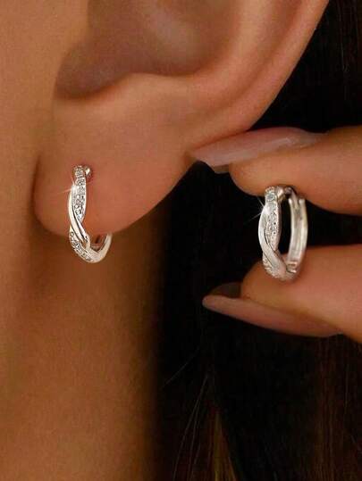 1pair Simple Wrapping Zirconia Hoop Earrings 925 Sterling Silver For Women Ladies Jewelry For Daily Decor Earrings Fine Jewelry ﻿