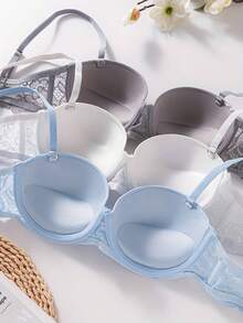 3pcs Minimalist Sexy Solid Color Lace Patchwork Spaghetti Strap Bras For Women - Multicolor - View 3