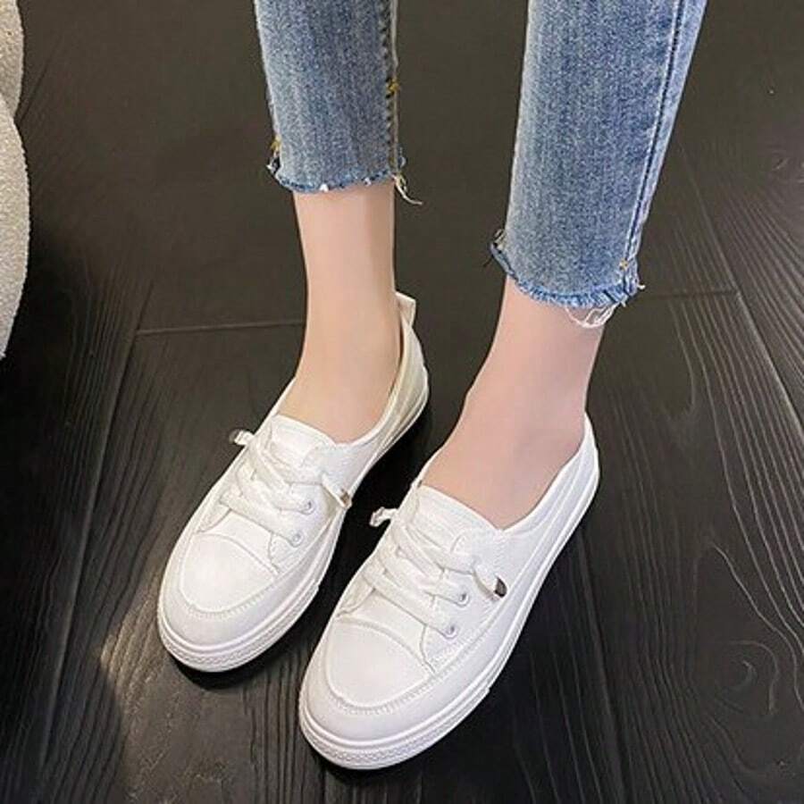 Zapatillas de deporte para mujer,Zapatos blancos con suela plana, zapatos deportivos con tirantes delanteros, zapatos de colores sólidos, zapatos de tablero con suela plana - Blanco - Ver 1