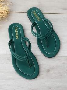 女士平底凉鞋，时尚沙滩人字拖，编织细节休闲夏季拖鞋 - 綠色 - 查看 6
