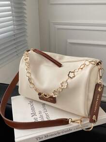 حقيبة كتف دلو ذات لونين، حقيبة كتف من قماش البولي يوريثان مرقعة مزينة بسلسلة معدنية، مناسبة للسفر والتسوق والمواعدة، هدية للنساء، مناسبة للمراهقات وطالبات الجامعة والعمل والأعمال والتنقل، حقيبة يد صغيرة أنيقة وعصرية