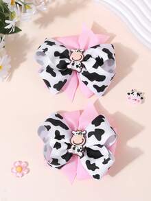 2PCS Girls Bee Bow Hair Clips, Cute Polka-Dot Bow Hairpins, Cute Pink Cow Print Hair Bow,Fashion Flower And Bee Print Hair Bows For Daily And Out, Hair Accessories