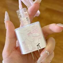 4pcs Pink Bow/Flower/Butterfly Apple 18/20W Data Cable Protector Sleeves, Compatible With IPhone 16/16 Pro Max/15/14/13/11 Charger Adapter & Charging Cable Anti-Bending Soft Case - Pink Bow Tie Bunny - View 5