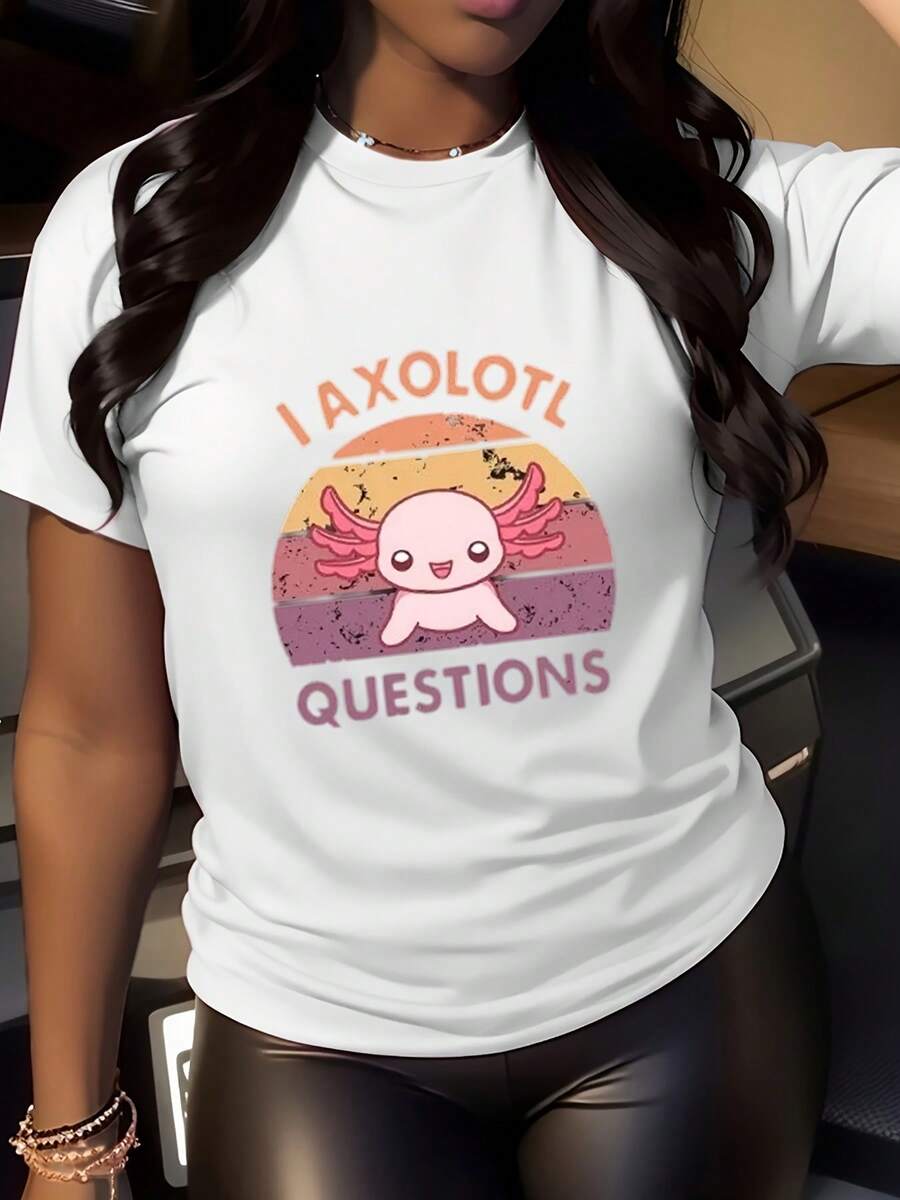 Women's I Axolotl Questions Graphic Tee  Casual Fit  Black T-Shirt  Perfect For Everyday Wear  Cute Animal Design  Comfortable & Stylish  Ideal For Outdoors, Parties, And Daily Activities  Fun And Unique Gift Idea  Soft Fabric  Vibrant Print  Enhance Your Wardrobe With This Adorable Top - 白色 - 查看 1