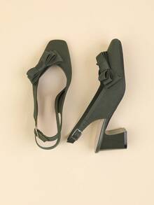 1 Pair Square Toe Slip-On Shoes With Bowknot, Solid Color Backstrap Chunky Heel Pumps For Women, Suitable For Outdoor Walking, Party, Office, Skirts, Casual Pants