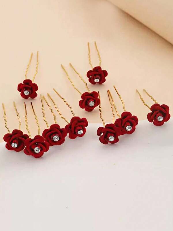 10pcs/20pcs Classic Romantic Elegant U Shape Hair Clips, Red Rose & WhiteFlower & Faux Pearl Basic Hair Clips, Women Girls Casual PartyWedding Decors, Princess Fairy Style Fresh Hair Accessories, Gift PhotoProps