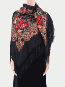 1pc Women's Autumn/Winter Bohemian Style Printed Square Scarf, Large Size Tassel Shawl Wrap Handkerchief, Multi-Scenario Use - Multicolor - View 3