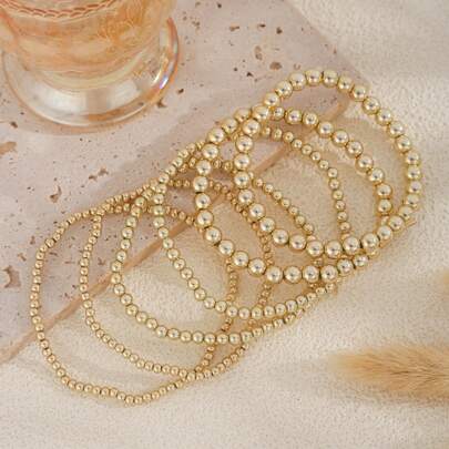 6pcs/Set Fashionable Minimalist Ccb Material Asymmetrical Round Bead & Geometric Square Beaded Bracelet For Vacation, Travel, Shopping, Photography, Bar, Nightclub, Casual, Daily Outfit Matching & Wearing