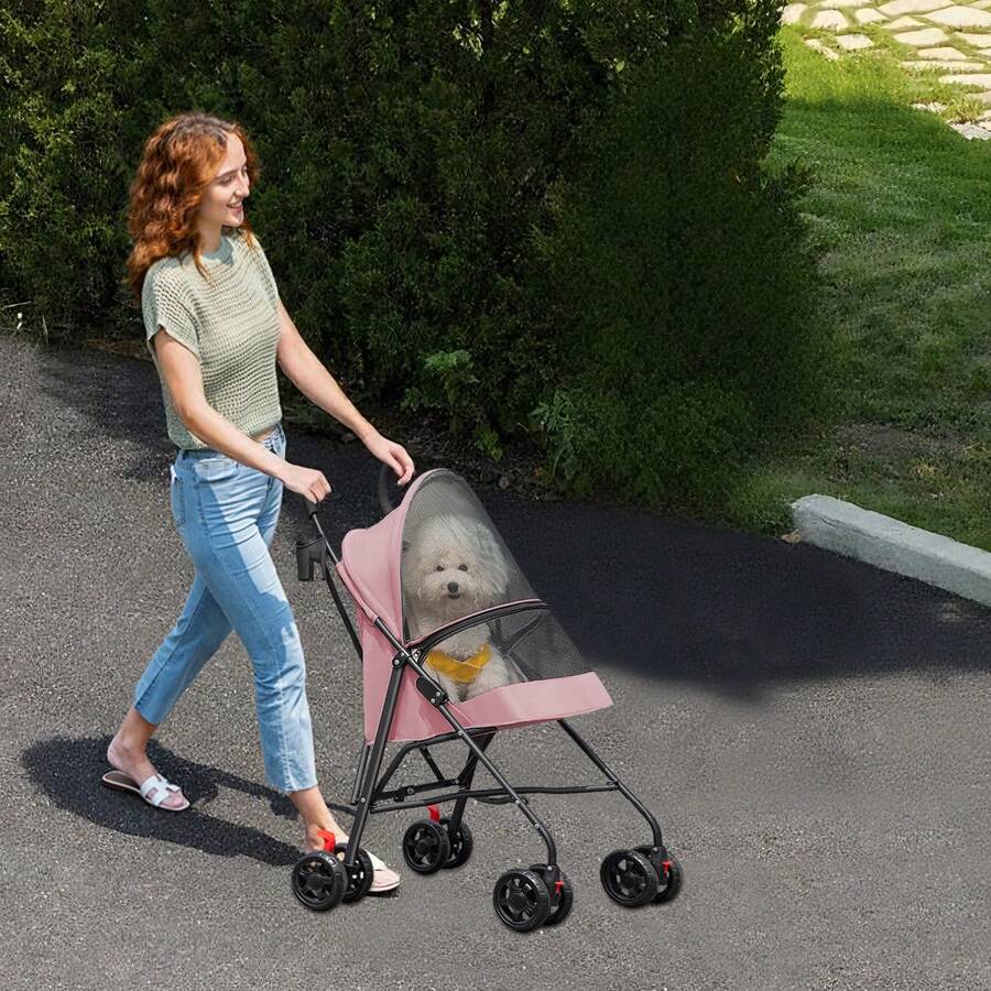 3-In-1 Stroller For Small Dogs And Cats, Foldable Stroller With Adjustable Handle, 4 Wheels, Breathable Mesh, Large Capacity, Easy To Carry, 97 X 45 X 55 Cm - Pink - View 1