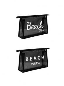 1 件网状镂空尼龙“THE BEACH BAG”、“BEACH PLEASE”、“Beach Viles”白色字母印花女士便携网眼化妆包，海滩度假旅行便携大容量多用途化妆包，女士化妆包旅行盥洗收纳包 - 黑色 - 查看 13