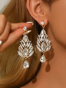 2 件欧美时尚水晶吊坠耳环，女士长款闪亮奢华方晶锆石耳环，新娘婚礼耳环