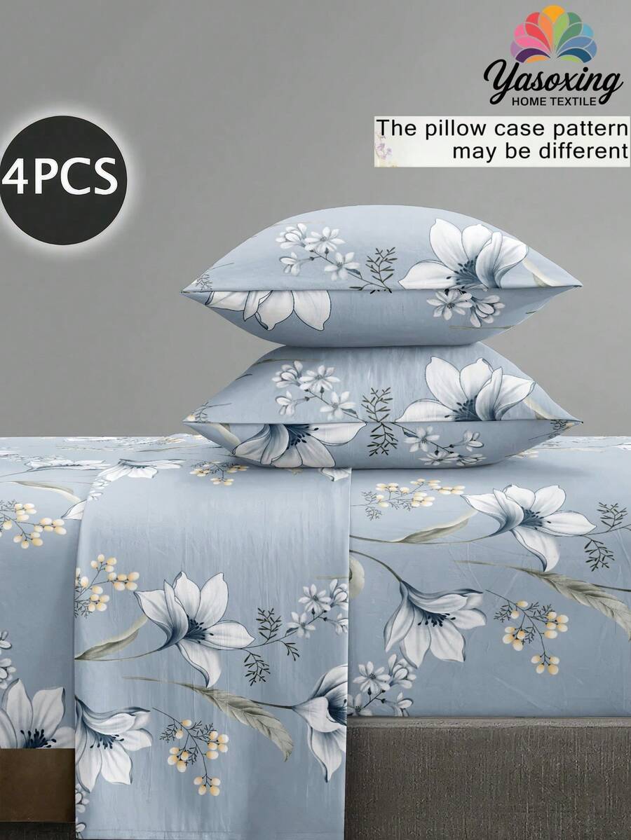 4件套蓝色花叶图案床上用品套装，柔软超细纤维易护理床上用品套装，花卉图案床单套装（1张床单+1张床笠+2个枕套），送给父母、朋友的礼物，宿舍床上用品，返校季必备