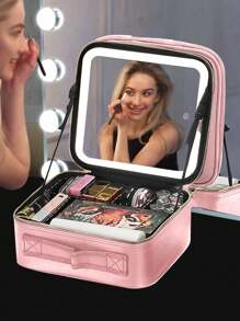 1pc 600mAh Black Travel Makeup Bag With Mirror, Large Capacity Cosmetic Storage Box, Portable Travel Makeup Bag With LED Light, Makeup Mirror, Lighting, LED Light, Night Light, Illumination, Travel Organizer Accessory, Makeup Case, Large Capacity Cosmetic Organizer Box, Makeup Box, Can Store Lipstick, Brushes, Skincare, Phone, Coins, Small Items, Suitable For Home, Gift, Vacation, Holidays (Halloween, Christmas), Bohemian Style