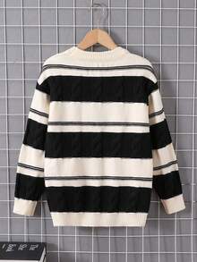 1 szt. Dziewczęcy sweter w paski, okrągły dekolt, długi rękaw, czarno-biały, trendy w modzie
