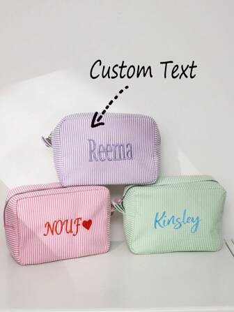Personalized Embroidered Seersucker Makeup Bag, Letter Print Toiletry Bag, Embroidered Makeup Bag, Bridesmaid Makeup Bag, Bridesmaid Gift, Gift For Women, Personalized, Customized, Ideal Gift For Her, Girlfriend, Her, Boyfriend, Friend, Basic, Casual, Soft, Travel Makeup Bag,Chic Autumn,Look Glamour