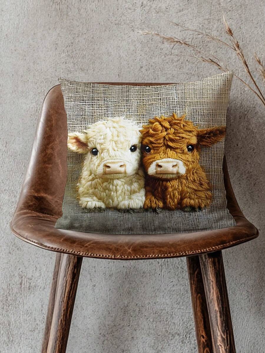 1pc 2D Printed Plush Decorative Pillow Cover, Not Real Embroidery, Super Cute Yak Pattern, Single-Sided Printing, 17.7*17.7 Inches (45*45cm), Faux Linen Material, Suitable For Sofa, Living Room, Bedroom And Office Home Decor (Pillow Insert Not Included)