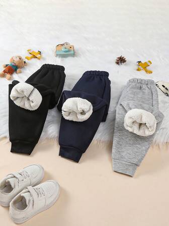 3pcs/Set Young Boy Casual Vintage Streetwear Solid Color Thick Fleece Sweatpants, Suitable For Outdoor, Campus, Social Occasions, Spring/Autumn/Winter
