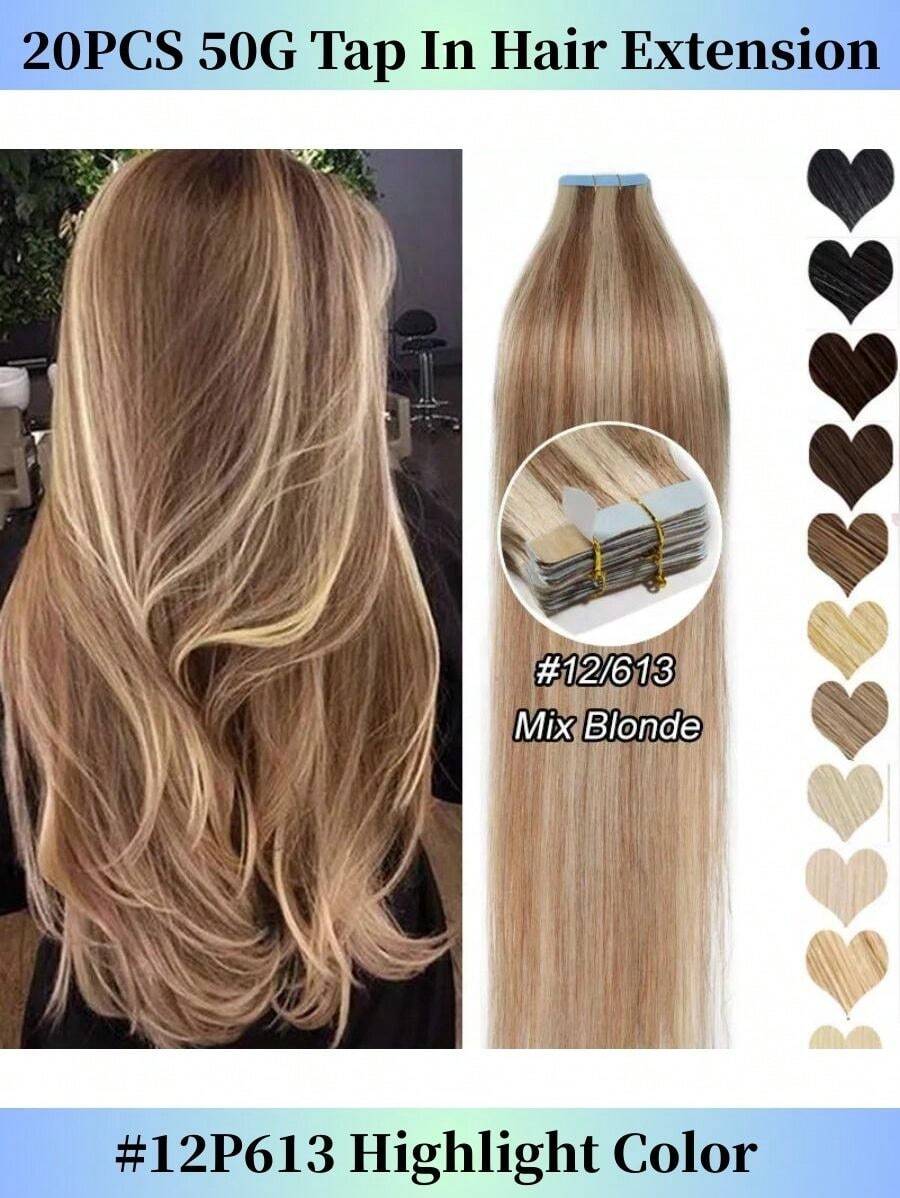 20PCS 50G Tape In Hair Extensions Human Hair Seamless Hair Extensions Tape In #12P613 Hair Extensions Human Hair Tape In Real Hair Extensions Tape In Human Hair 16-26Inch - S12/613 - 查看 1