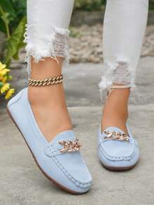 Women's Spring New Gold Chain Elegant Slip-On Loafers, Lightweight Comfortable Versatile Rubber Flat Shoes - Light Blue-chain - View 3