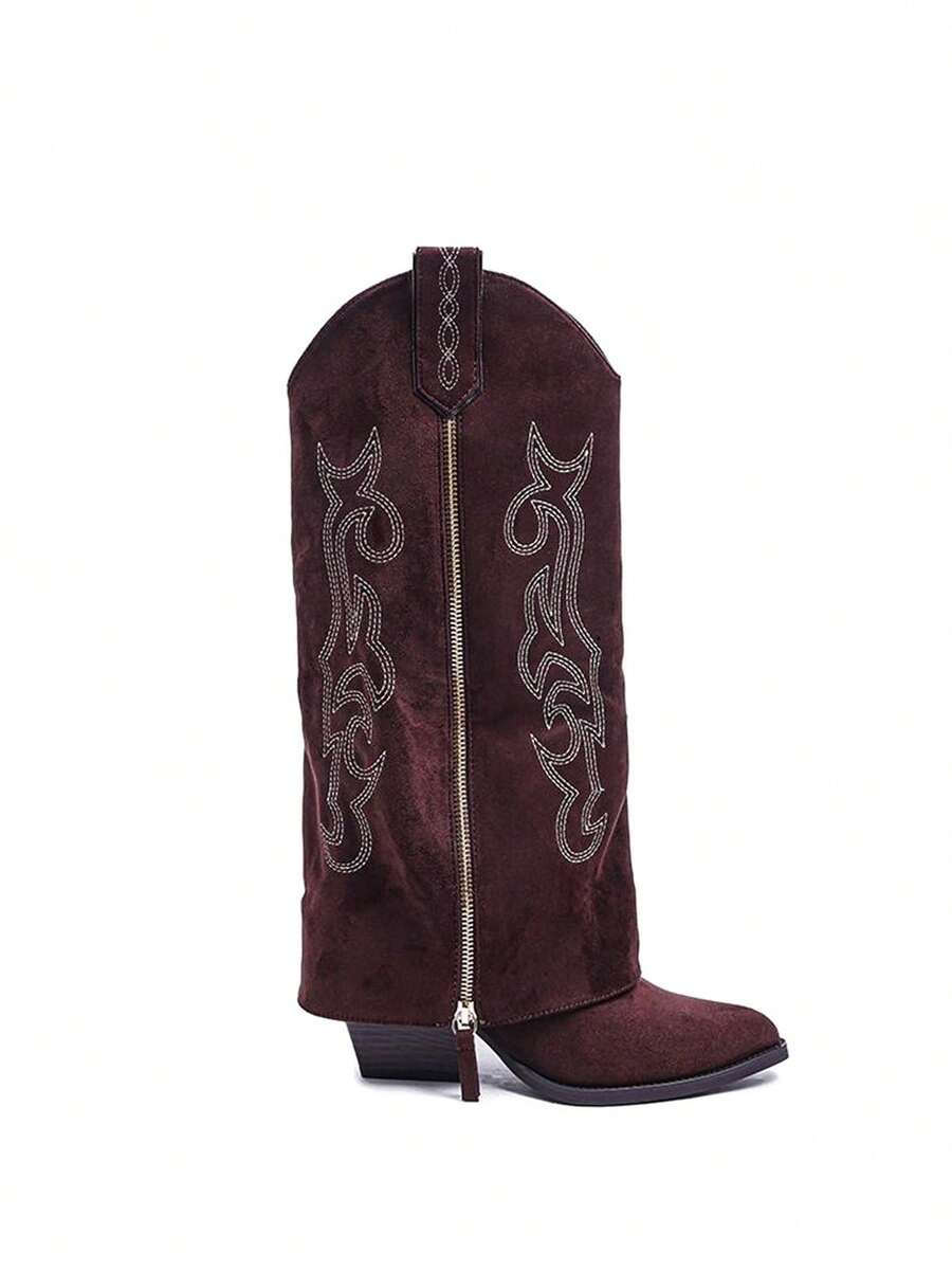 Women's Suede Material High-Top Pant-Style Boots, Cowboy Boots, Women's Pant Boots, New 2025 Western Style Pointed Toe High-Quality Retro Wide Heel Knee-High Boots With Zipper And Elegant Vintage Embroidery - 鏽棕色 - 查看 1