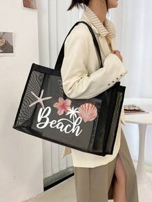 1pc/2pcs Set Breathable Beach Mesh Tote Bag, Beach Vacation Patchwork Design, Ocean, Starfish, Pearl Print & Letter Pattern, Large Capacity Mesh Tote Bag, Multifunctional Large Capacity Polyester Mesh Shoulder Tote Bag And Cosmetic Bag Set - Beach Vacation Storage & Shopping - Suitable For Teenage Girls And Women - Black - View 4