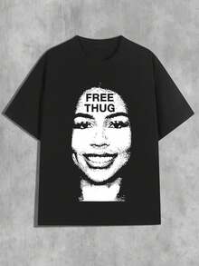 [Camiseta Y2K] Camiseta de algodón inspirada en Y2K 1 pieza para mujeres| Camiseta casual de cuello redondo y manga corta con estampado de chica sonriente y "FREE HUG", top de moda elástico para todas las estaciones - Negro - Ver 3