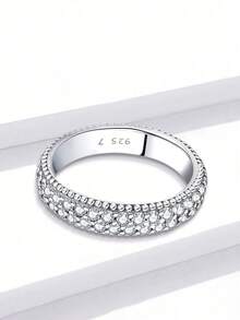 1pc 925 Sterling Silver Double Row Full Diamond Ring, Women's Daily Wear And Party Accessory, High-Quality Jewelry Gift - Silver - View 6