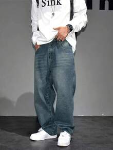 Y2K Casual Straight Leg Jeans, Suitable For Teenage Boys - Washed Denim Jeans, Loose Casual Streetwear, Outdoor Jeans, 90s Retro Classic Denim Pants - 中等水洗藍 - 查看 2