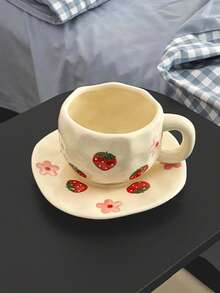 1 件复古草莓花陶瓷杯，手绘蝴蝶和樱桃不对称形状咖啡杯，茶拿铁杯，早餐牛奶杯，水杯，返校礼物