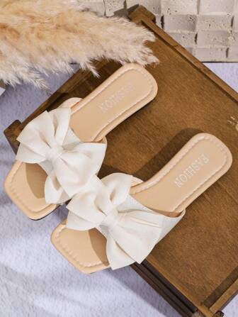 Women's Elegant Fabric Bow Decor Slide Sandals, Suitable For Vacation And Home Wear, Summer