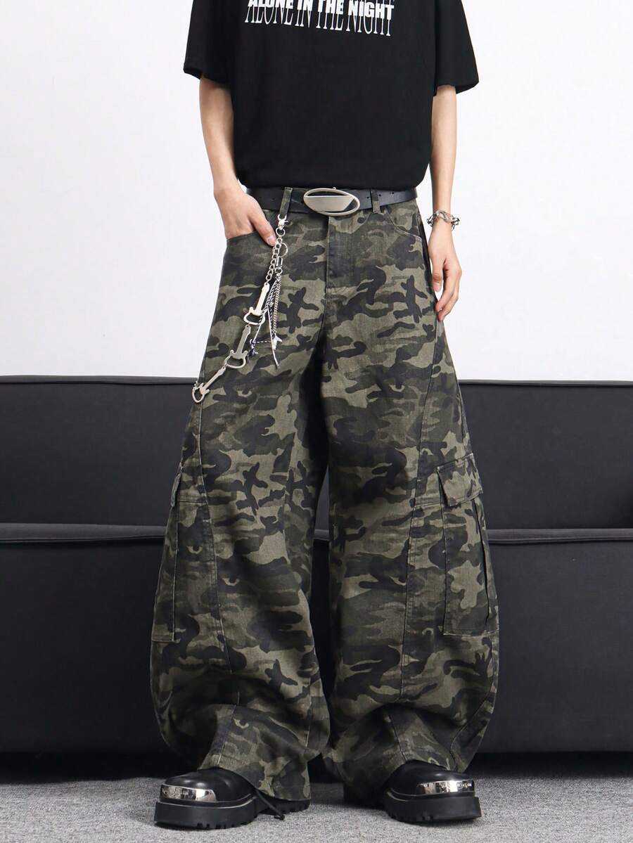 1件装休闲迷彩拼接筒腿工装裤，宽松舒适街头风多口袋长裤，美式休闲品牌（不含腰带和配饰） - 軍綠色 - 查看 1