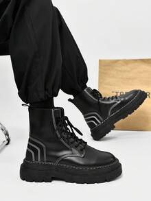 新款高帮百搭靴子皮鞋工装靴拉链休闲靴流行高帮大头皮靴 - 黑色 - 查看 12
