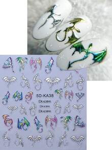 2片装5D立体浮雕闪亮龙形美甲贴纸，Y2K哥特风彩色金属光泽西部龙形美甲贴花，3D立体浮雕自粘美甲装饰，沙龙DIY美甲用品 - 彩色 - 查看 3