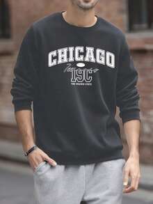 Áo sweatshirt nam cổ tròn kiểu Mỹ cổ điển in chữ hoa | In chữ Chicago | Phong cách đường phố thường ngày | Thích hợp mặc nhẹ nhàng hàng ngày vào mùa xuân và mùa thu - Màu xám đen - Xem 3