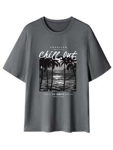 男士夏季标语和棕榈树印花圆领宽松休闲T恤 - 深灰色 - 查看 3