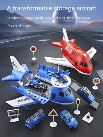 1 Set de Vehículos de Juguete que incluye Modelo de Avión, Helicóptero de Transporte, Camión de Bomberos Plegable y Portátil, Avión de Rescate de Juguete con 3 Autos en Miniatura y 1 Avión, Regalo de Juguete para Vacaciones