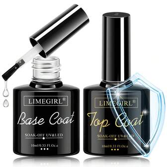  LIMEGIRL Esmalte de uñas en gel de 10ml, Set de base y top coat súper brillante actualizado en 2025, lámpara LED/UV, base transparente sin ácido y top coat en gel sin necesidad de limpiar
